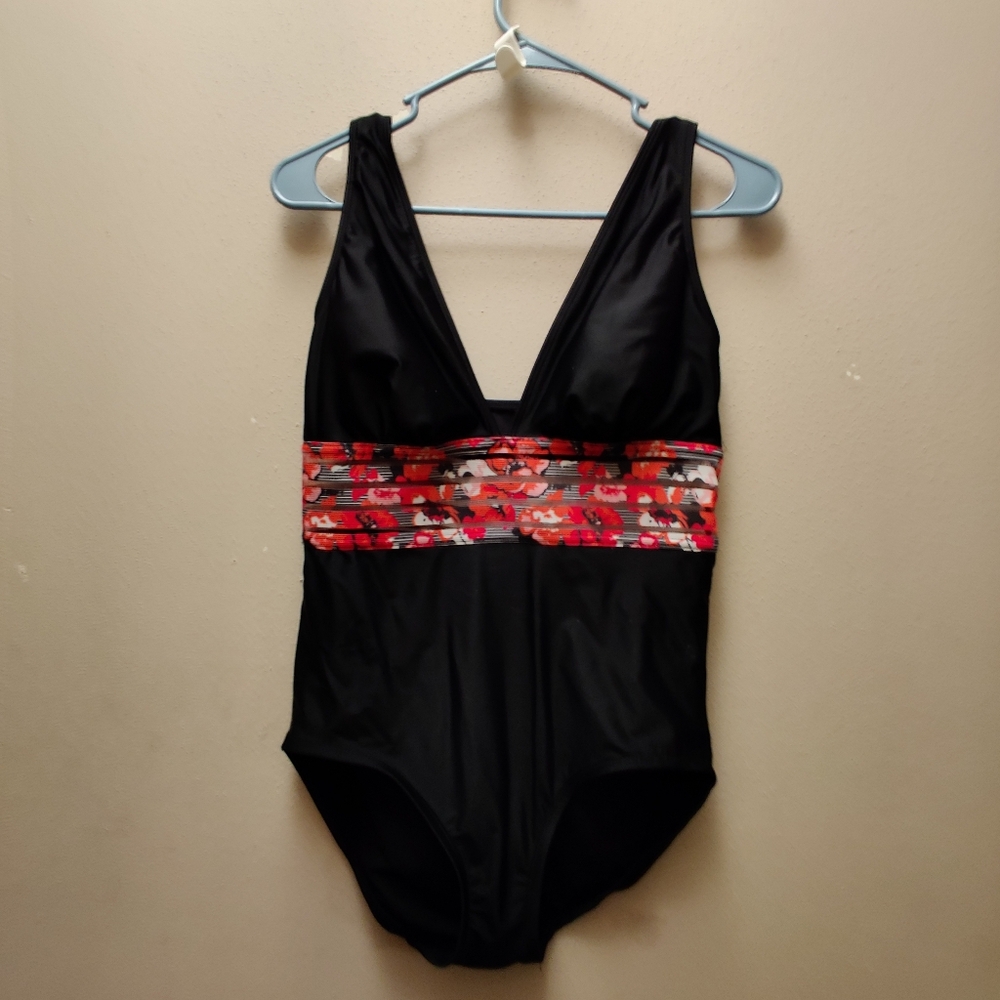 Black One-Piece Swimsuit with Red Pattern